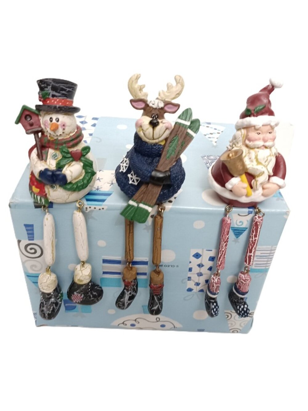 Holiday Shelf Sitting Figurine: Hanging Snowman, Moose & Santa
